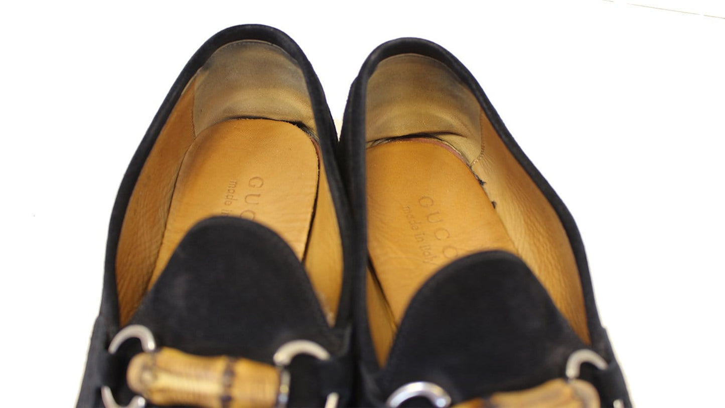 Gucci Bamboo Horsebit Black Suede Loafers 368435 Size 7