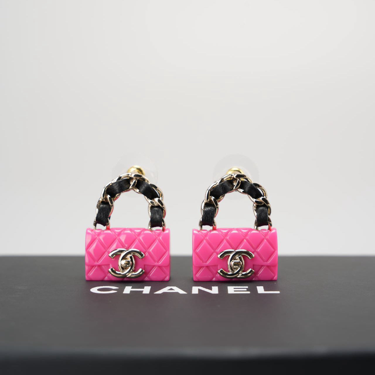 Chanel Resin Lambskin Turnlock Flap Bag Earrings in Hot Pink and Black