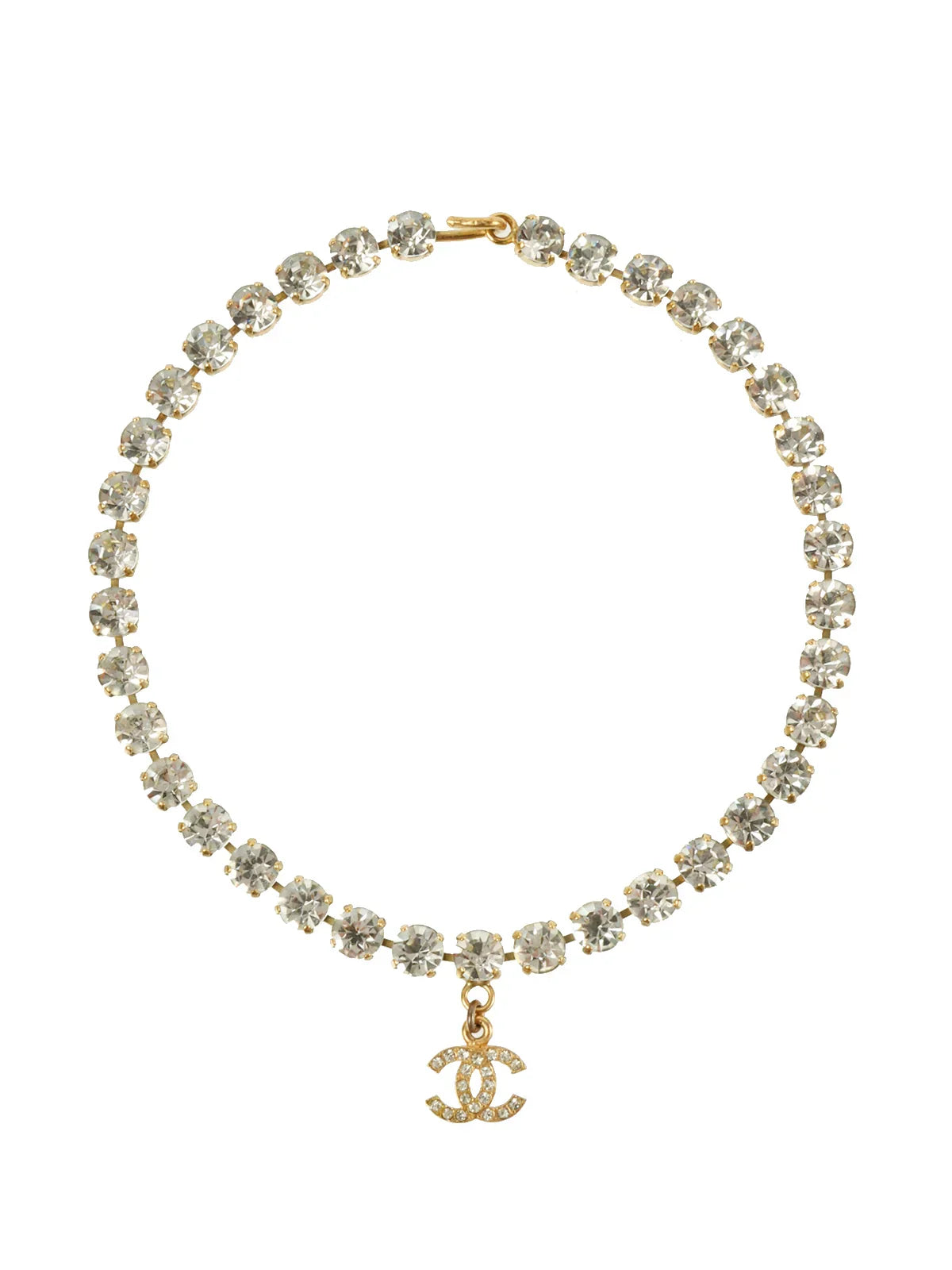 CHANEL 1995 Made Rhinestone Cc Mark Swing Necklace Gold
