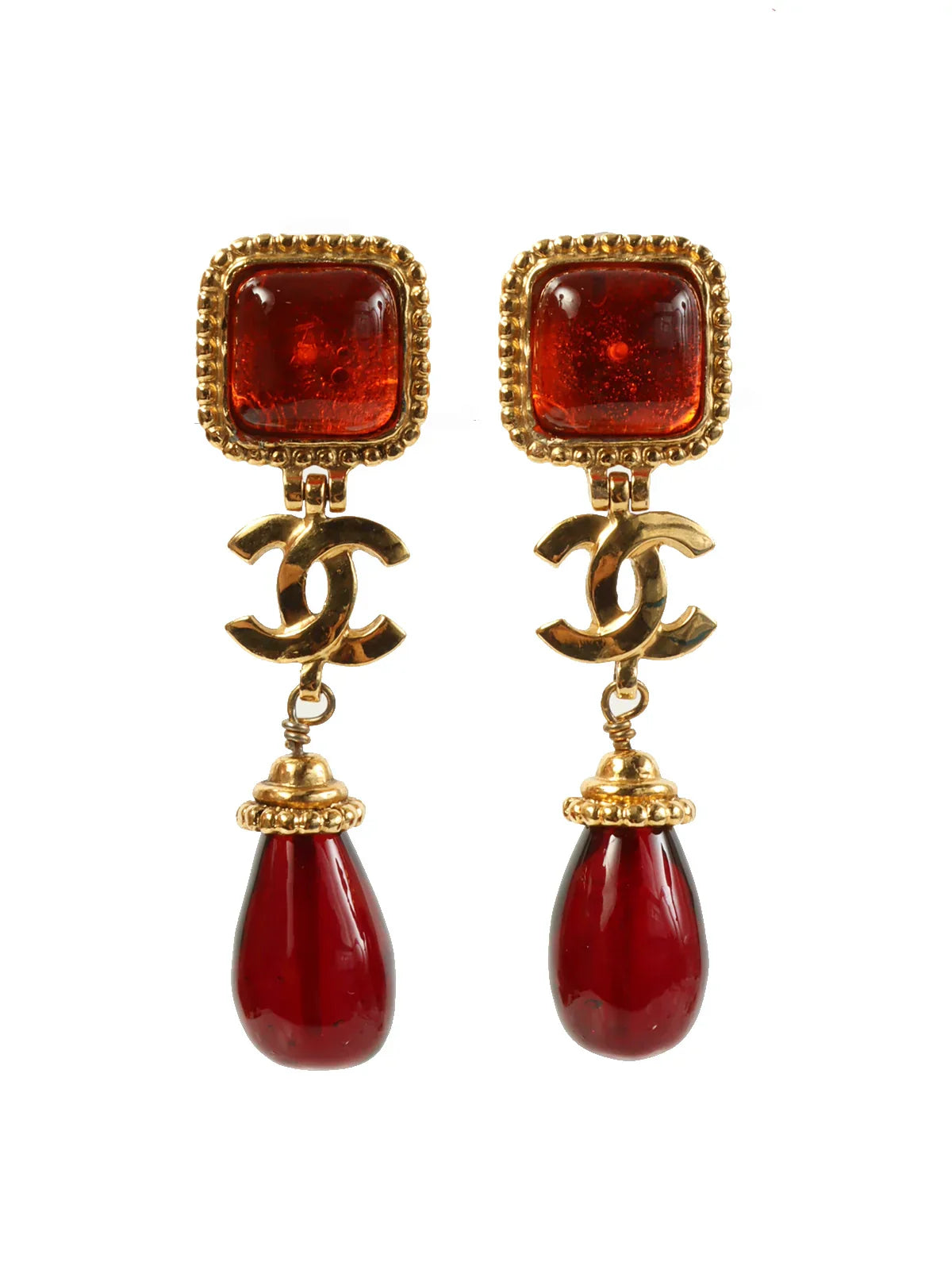 CHANEL 1996 Made Gripoix Teardrop Cc Mark Swing Earrings Gold/Red