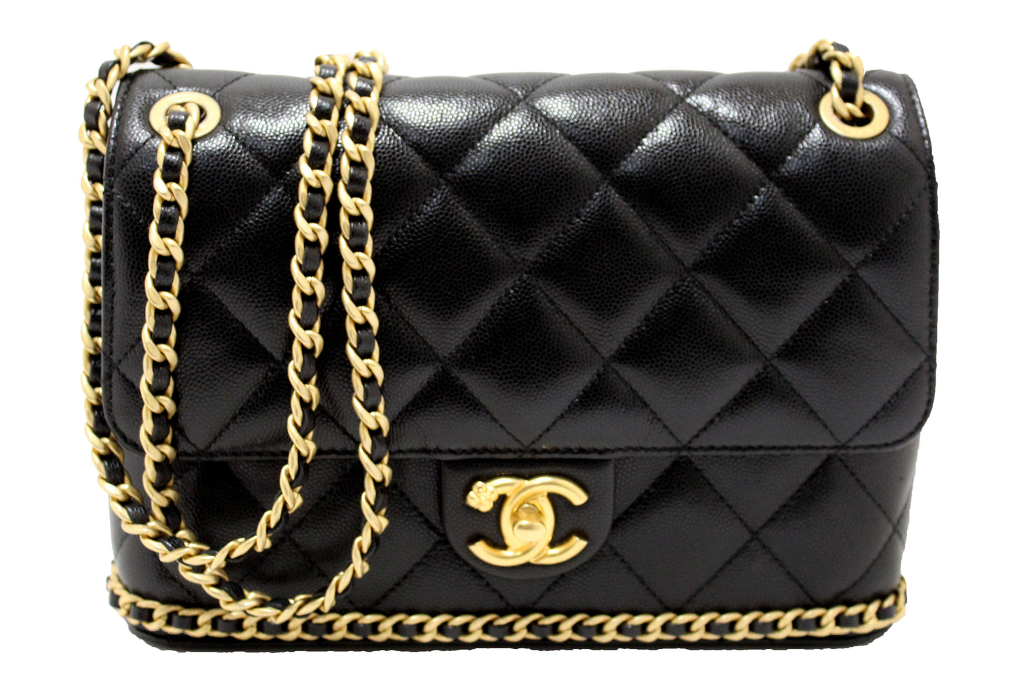 Chanel Black Quilted Caviar Leather Camellia Chain Around Flap Shoulder Bag