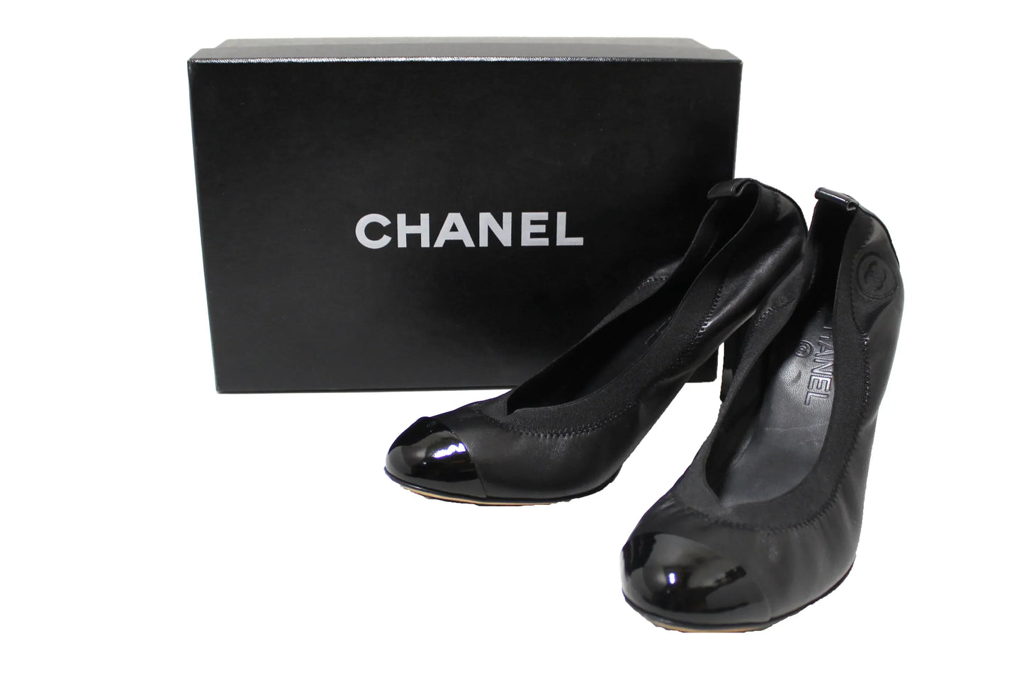 Chanel Black Leather Elastic Cap-Toe CC Scrunch Ballet Pumps Size 40.5