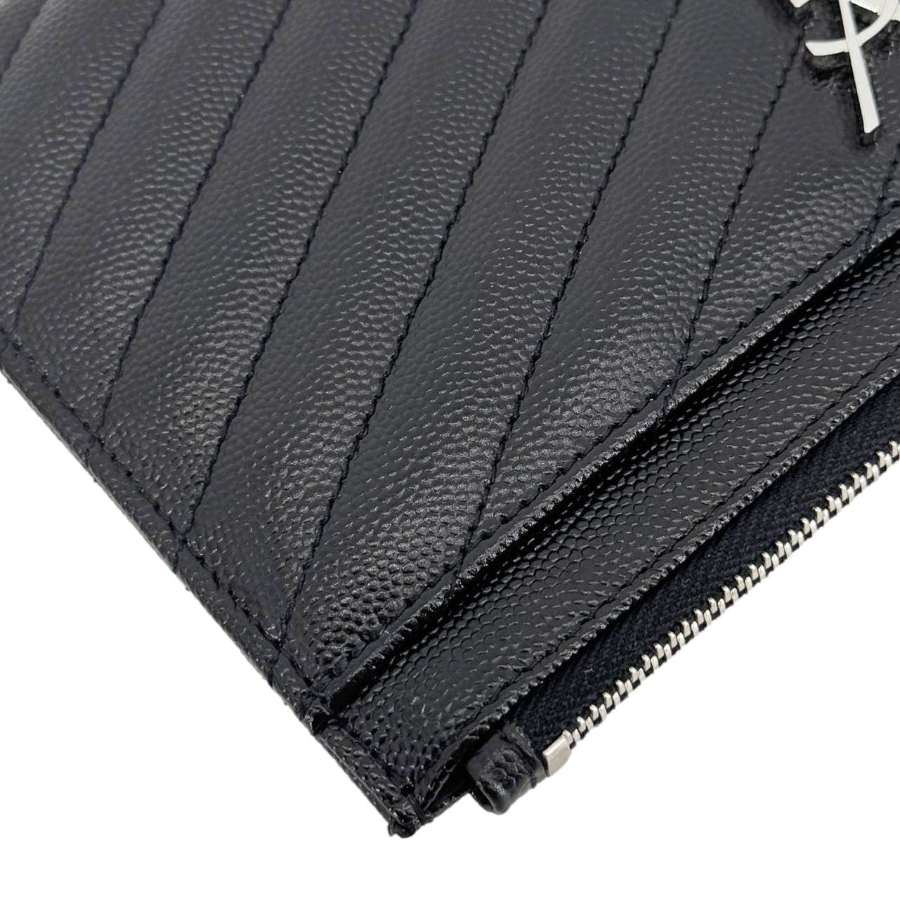 YVES SAINT LAURENT Monogram Bill Grain De Poudre Chevron Leather Zip Pouch Black