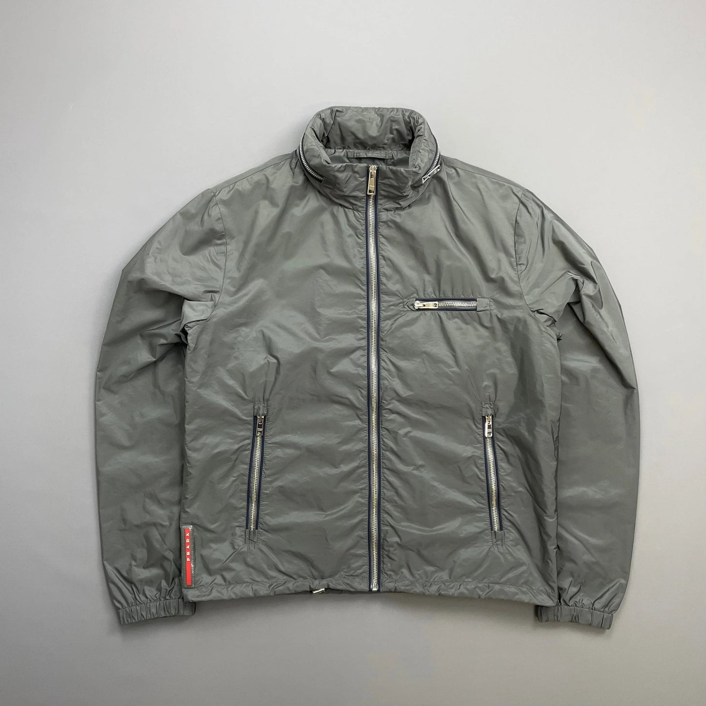 Prada Grey 2015 Contrast Stripe Zip Concealed Hood Nylon Windbreaker Jacket