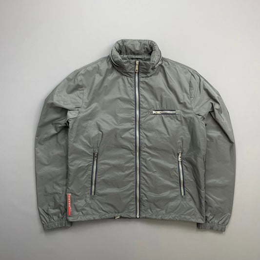 Prada Grey 2015 Contrast Stripe Zip Concealed Hood Nylon Windbreaker Jacket