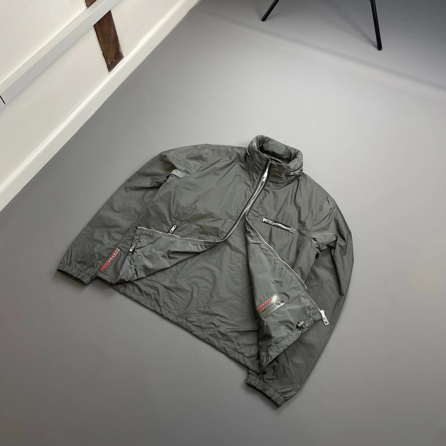 Prada Grey 2015 Contrast Stripe Zip Concealed Hood Nylon Windbreaker Jacket