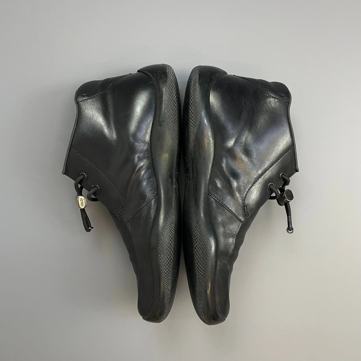Prada Sport Black FW99 Leather Slip On Vibram Sole Toggle Boots
