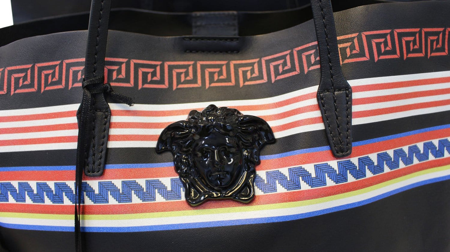 VERSACE City Strip Greek Key Leather Tote with Pouch