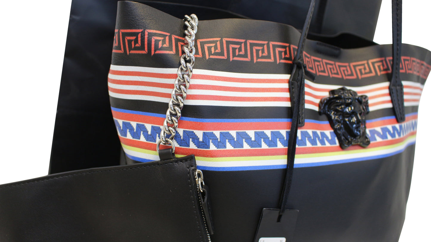 VERSACE City Strip Greek Key Leather Tote with Pouch