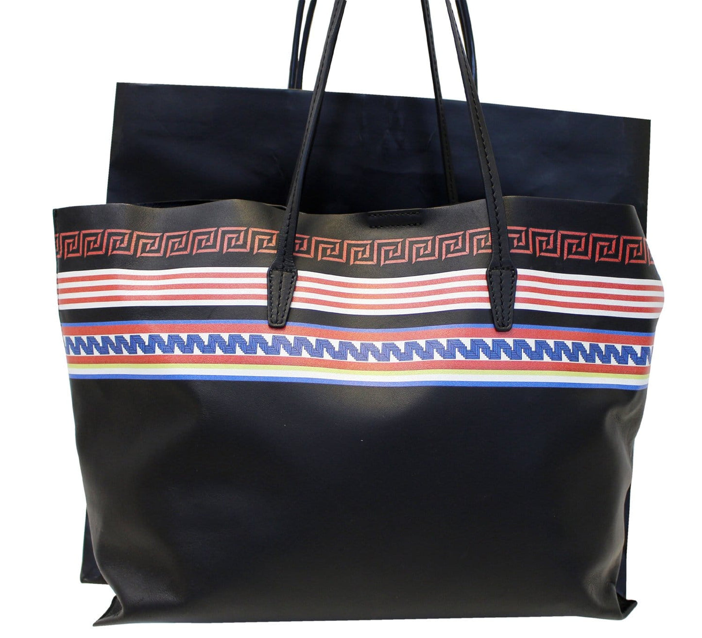 VERSACE City Strip Greek Key Leather Tote with Pouch