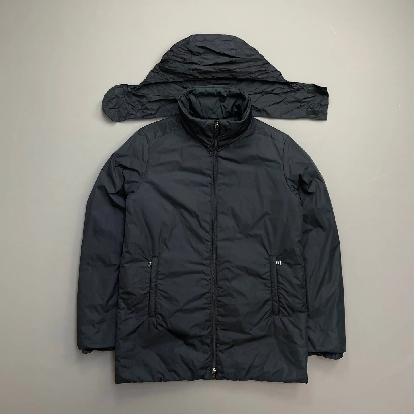 Prada Sport Navy 00s Nylon Padded Concealed Hood Longline Overcoat
