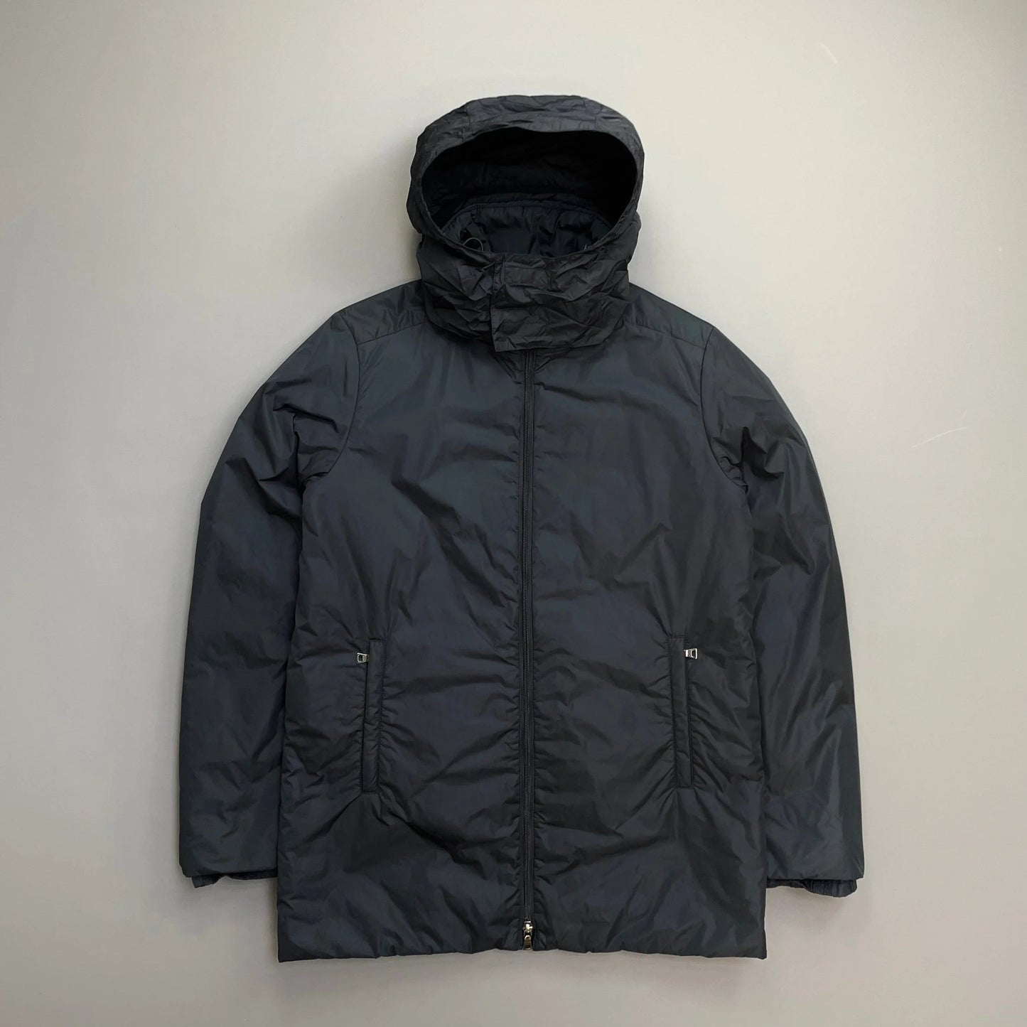 Prada Sport Navy 00s Nylon Padded Concealed Hood Longline Overcoat