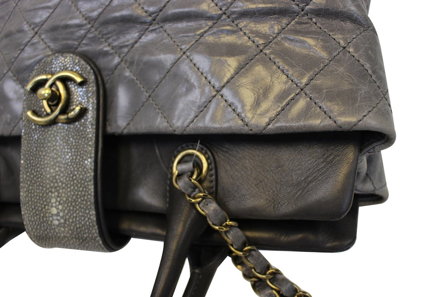 CHANEL Grey Quilted  Leather Stingray Bindi CC Shopper Tote Bag