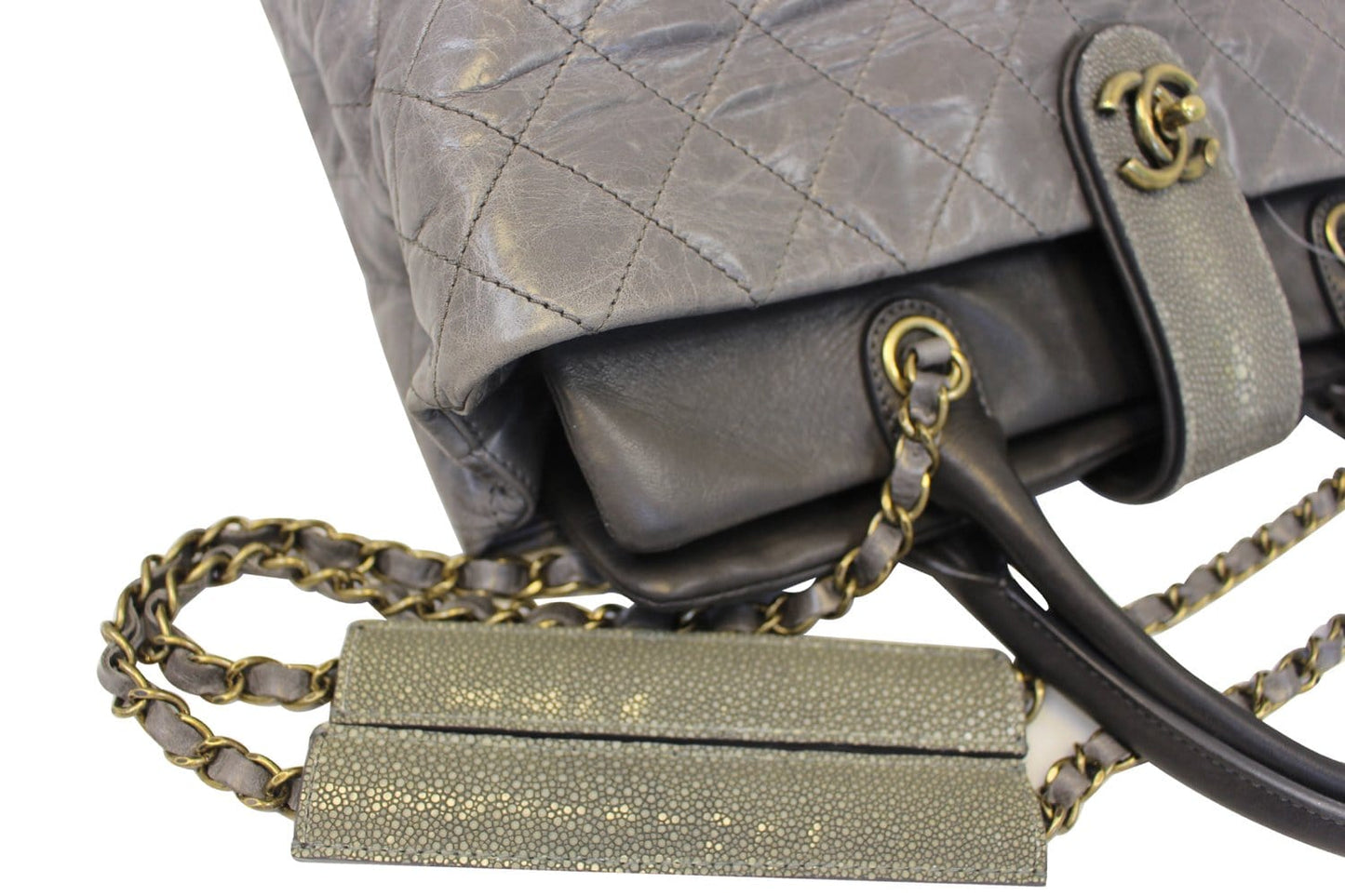 CHANEL Grey Quilted  Leather Stingray Bindi CC Shopper Tote Bag