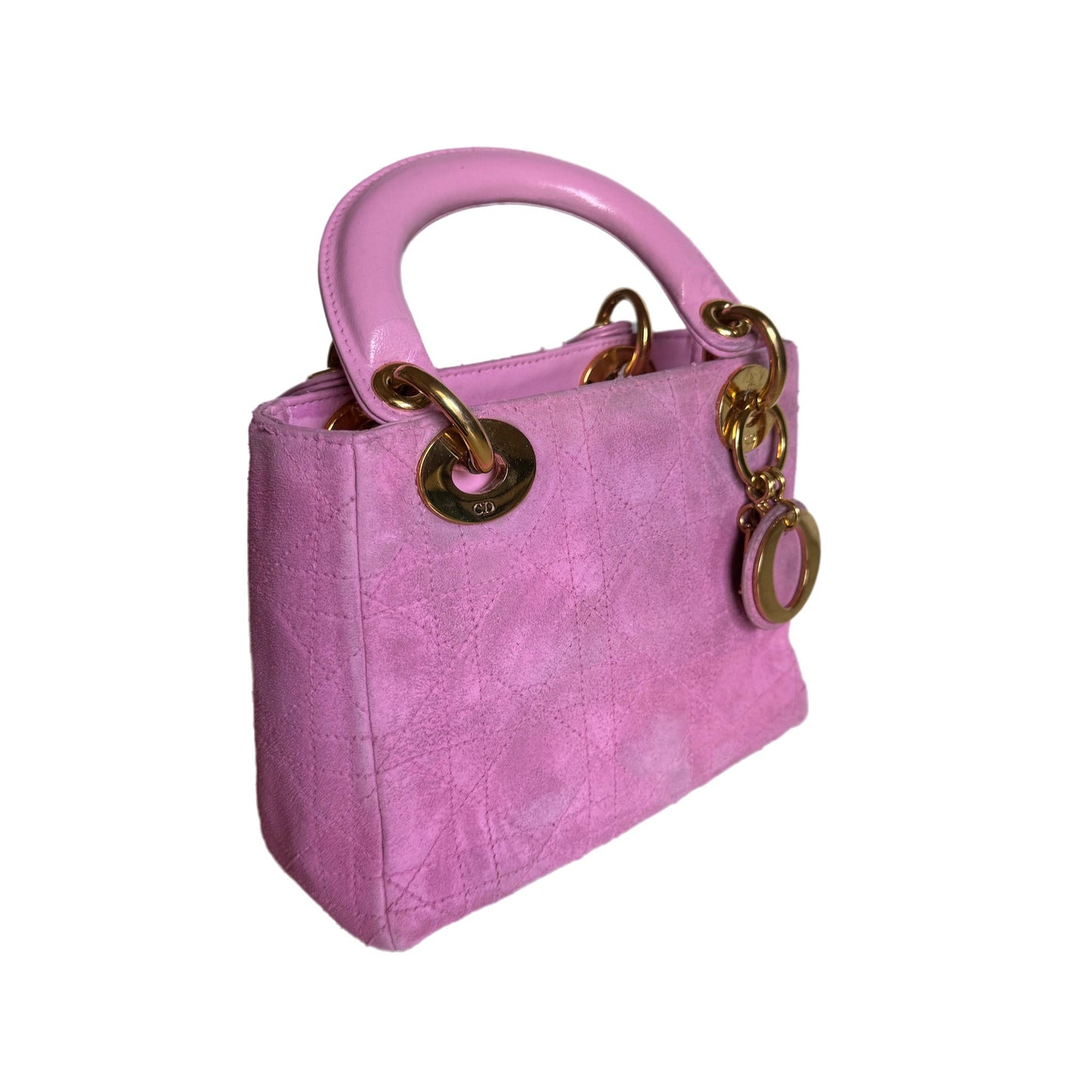 Lady Dior   Mini Pink Suede with Yellow Gold-tone Hardware
