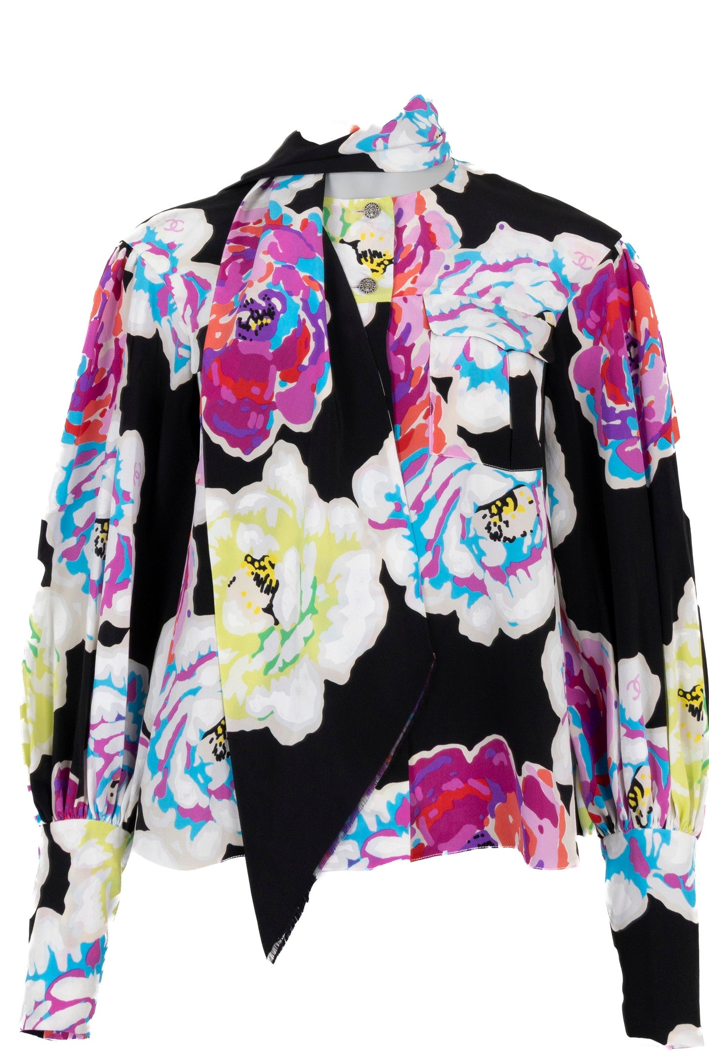 CHANEL 2010 Shawl Collar Camellia Silk Blo  Multicolor
