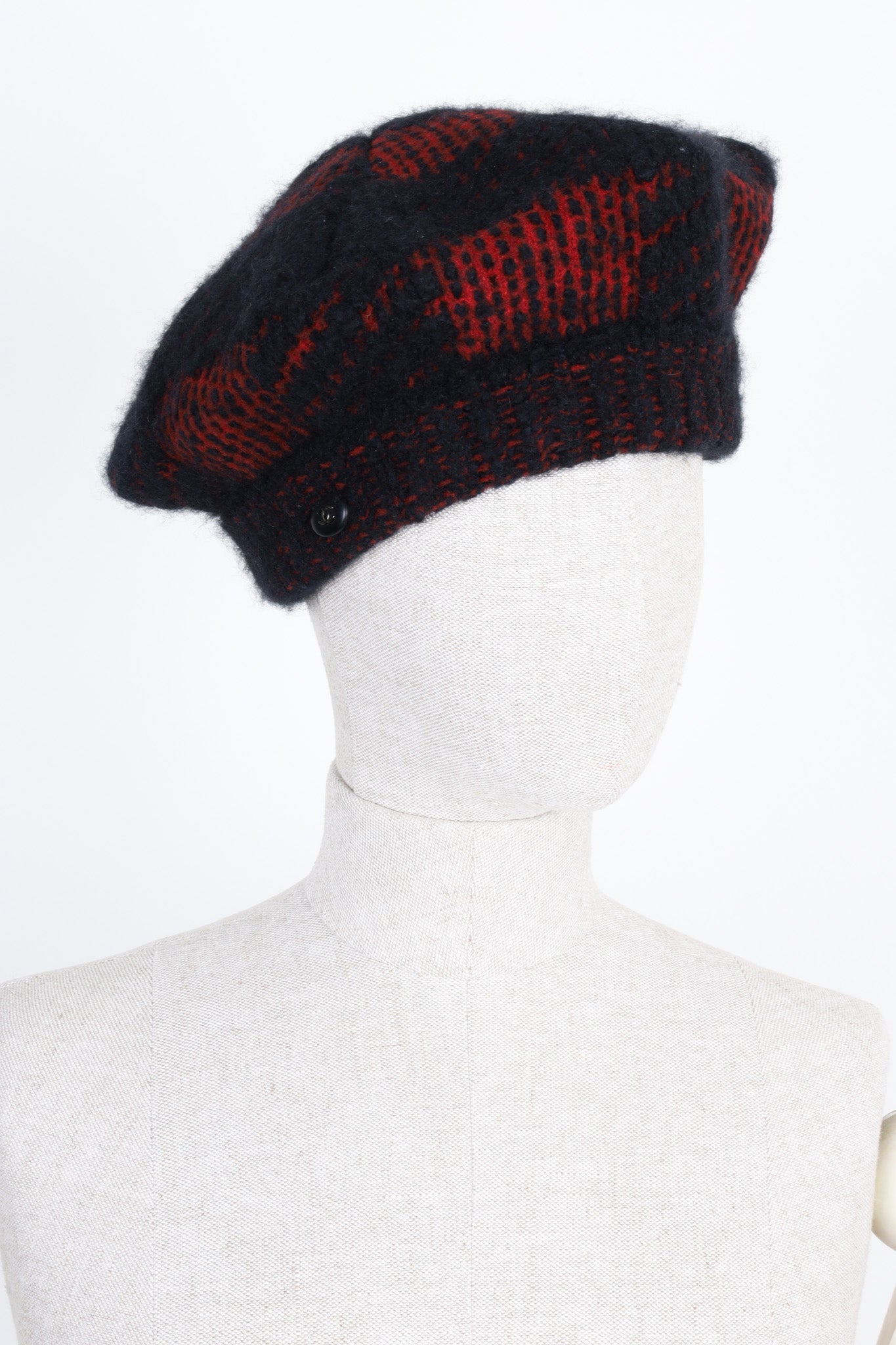 CHANEL Hat Cashmere Check Red Black