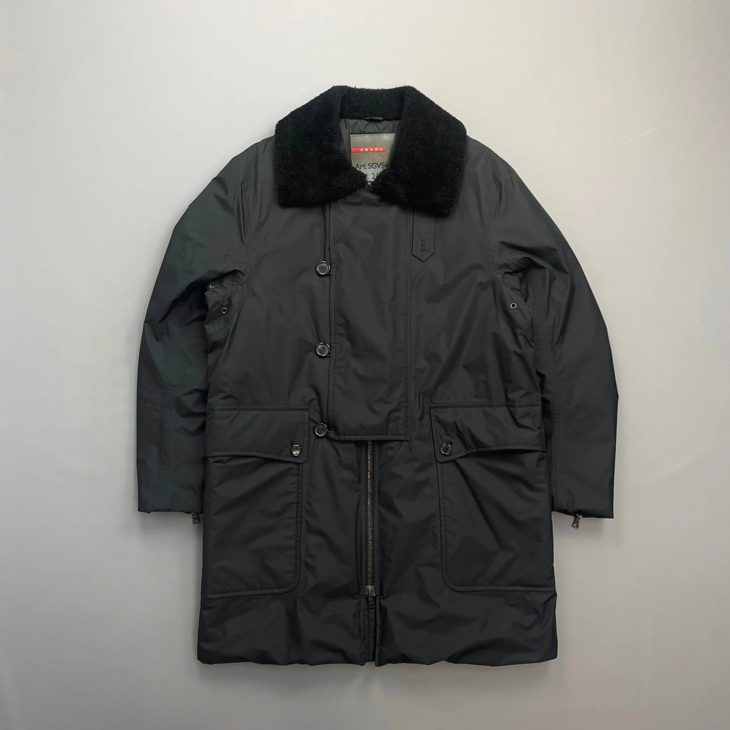Prada Sport Black Nylon Sheep Fur Padded Long Coat