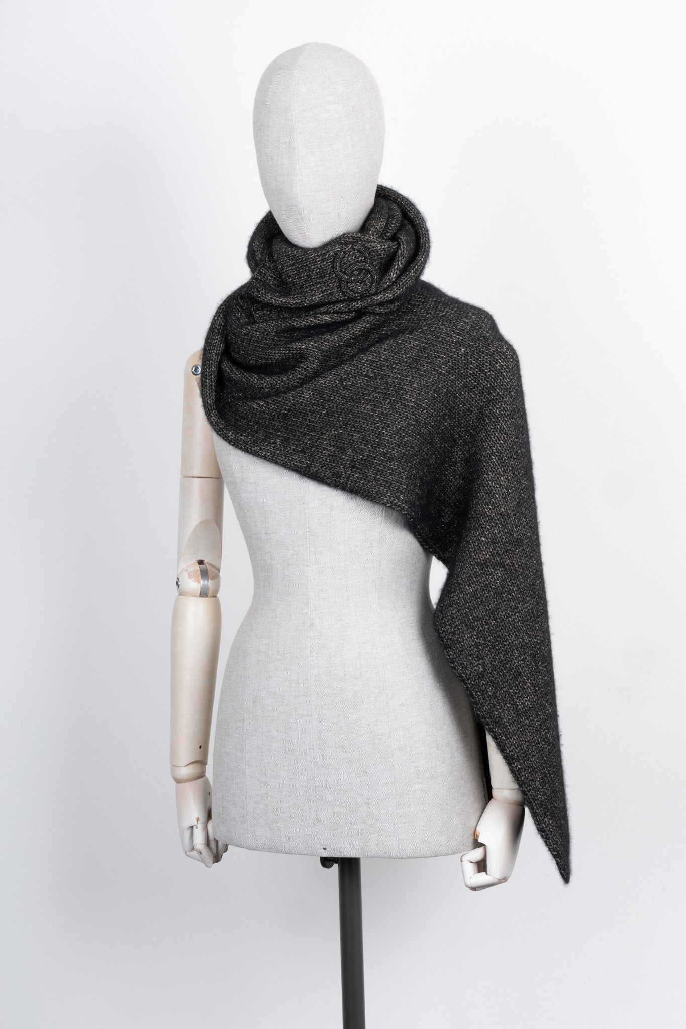CHANEL Knit Logo Scarf Black Grey Gold