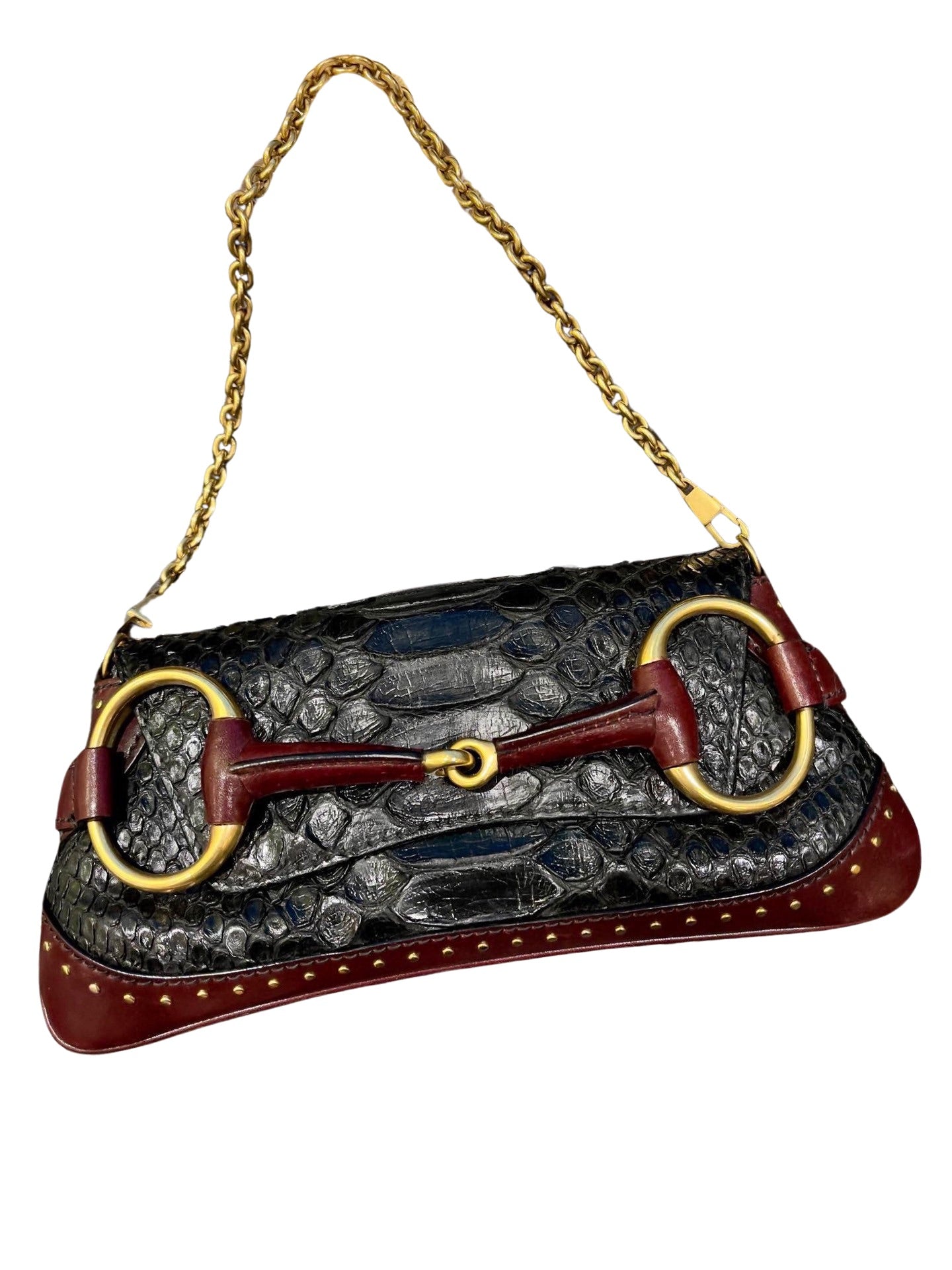 Gucci Horsebit 1955 Black Crocodile Skin and Burgundy Leather based and Gold Hardware Small