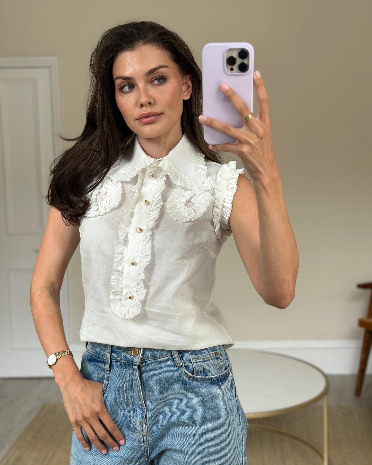 Gucci White Ruched Short Sleeve Blo  with Pearl GG Detailing IT 38 (UK 6)