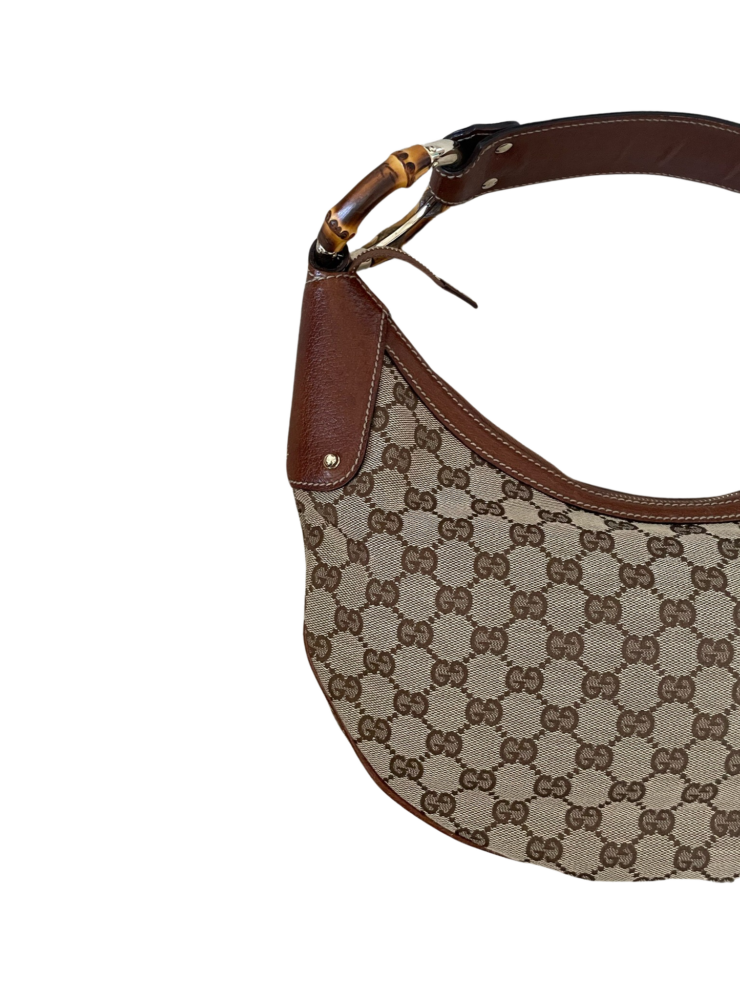 Gucci GG Bamboo Beige & Dark Brown Jacquard & Leather HandBag