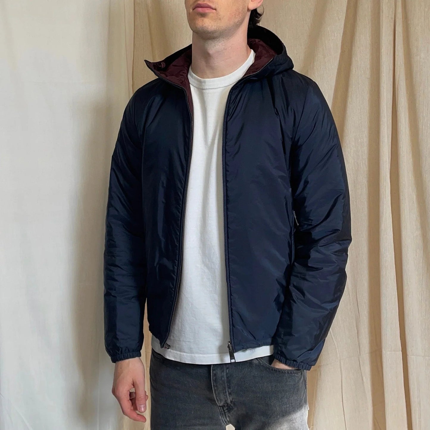 Prada Sport Navy & Burgundy 2018 Nylon Reversible Padded Hooded Jacket