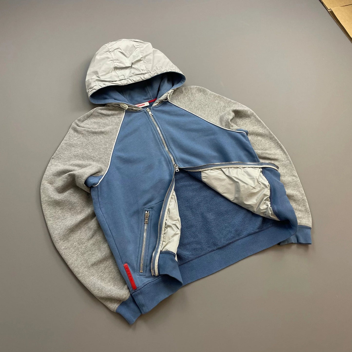 Prada Sport Blue Grey & White 00s Panelled Nylon Hood Zip-Through Hoodie