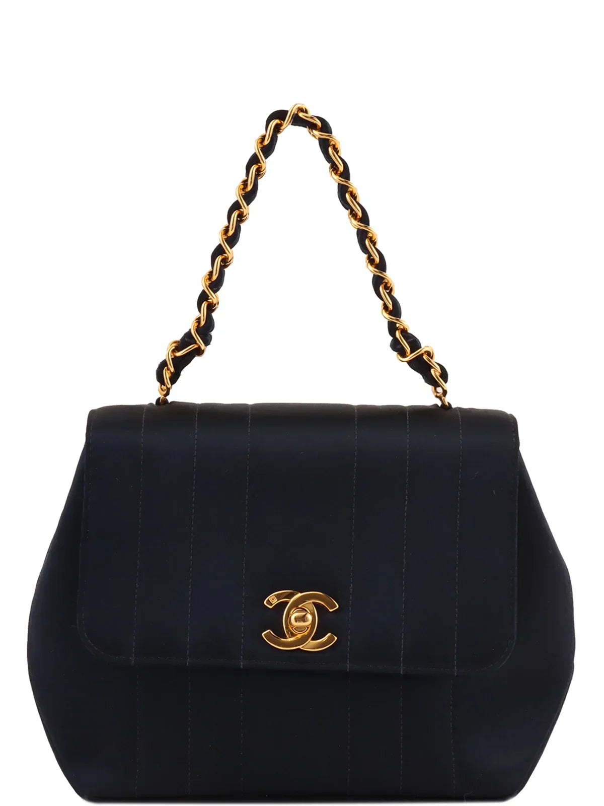 CHANEL Around 1995 Made Silk Satin Turn-Lock Top Handle Bag Navy