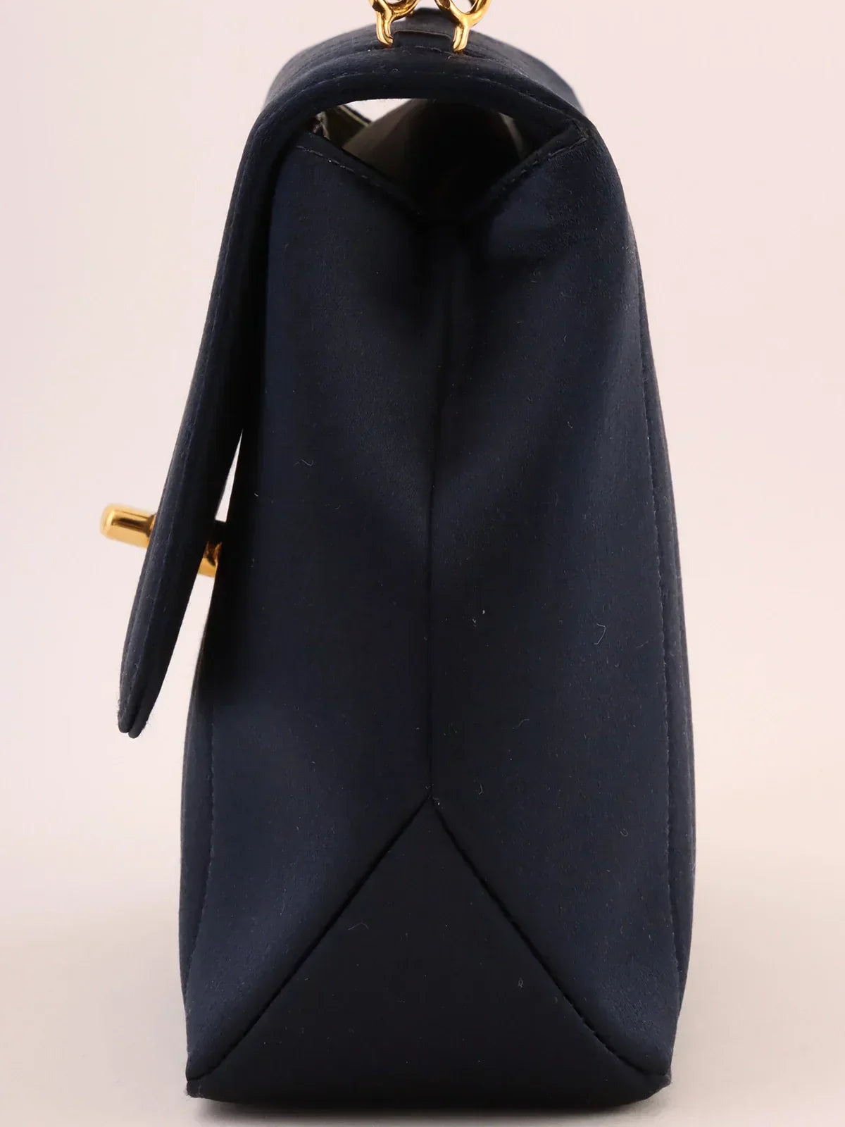 CHANEL Around 1995 Made Silk Satin Turn-Lock Top Handle Bag Navy