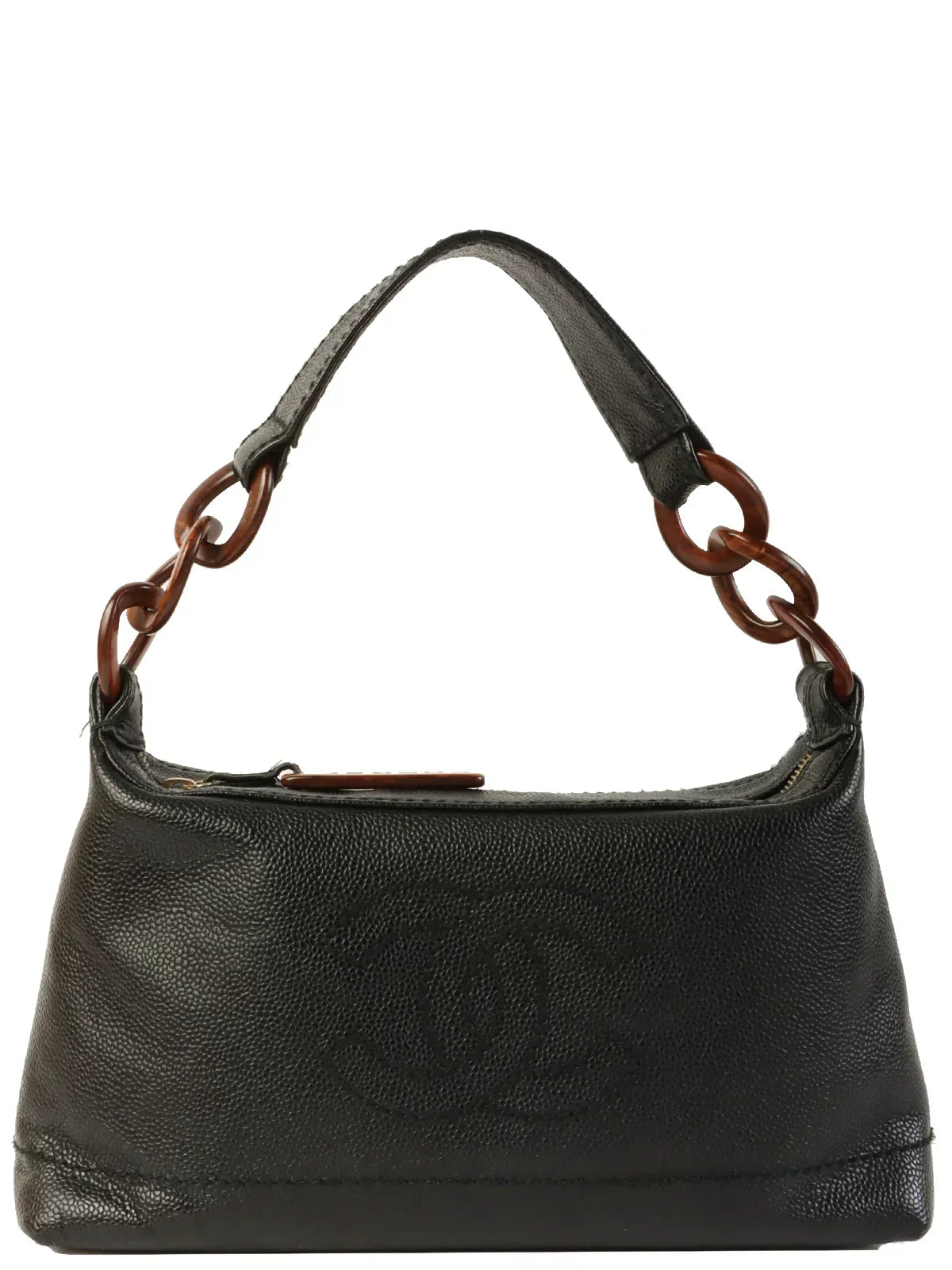 CHANEL Around 2002 Made Caviar Skin Cc Mark Stitch Wood Chain Top Handle Bag Black