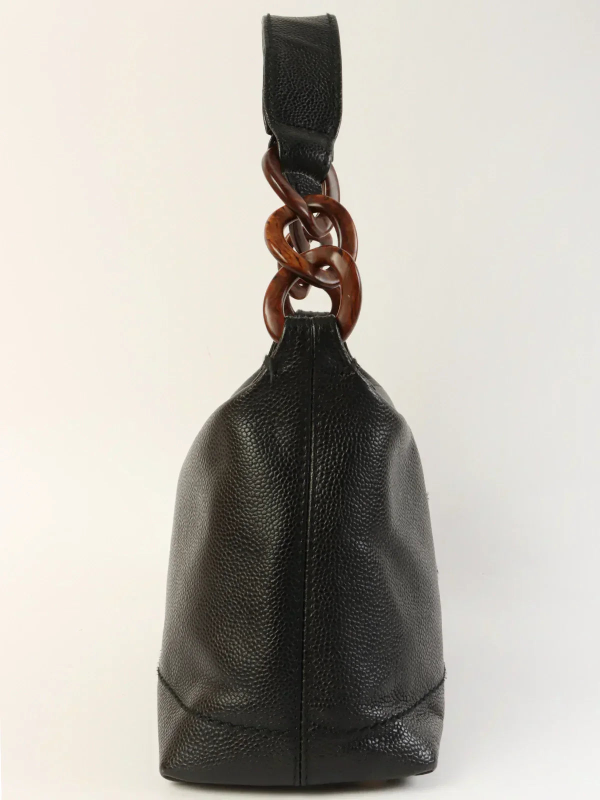 CHANEL Around 2002 Made Caviar Skin Cc Mark Stitch Wood Chain Top Handle Bag Black