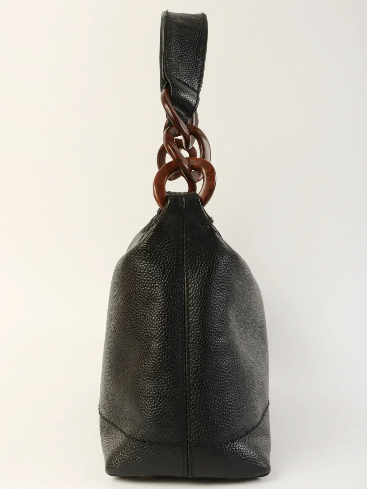 CHANEL Around 2002 Made Caviar Skin Cc Mark Stitch Wood Chain Top Handle Bag Black