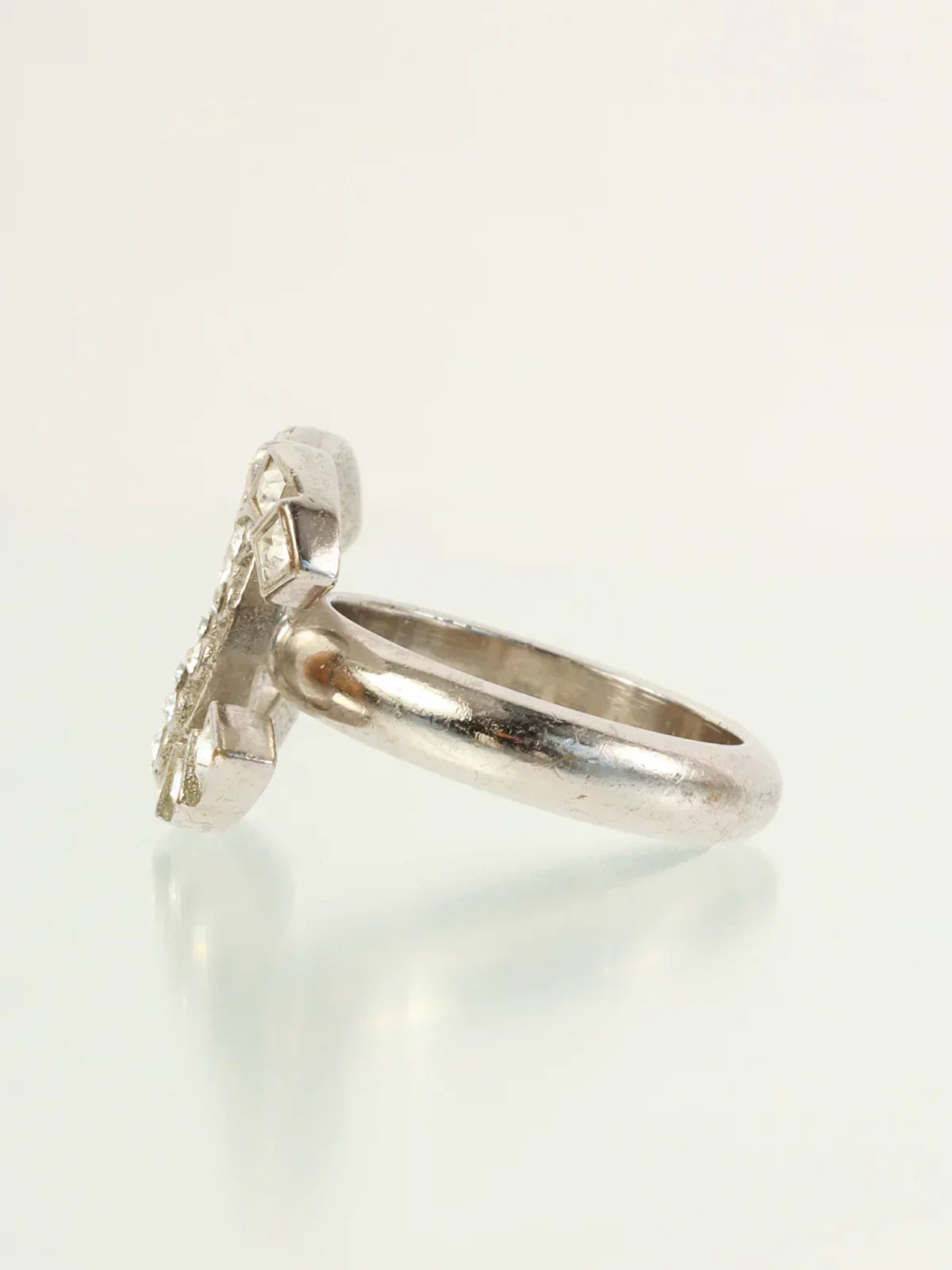 CHANEL 2014 Made Rhinestone Cc Mark Ring Silver