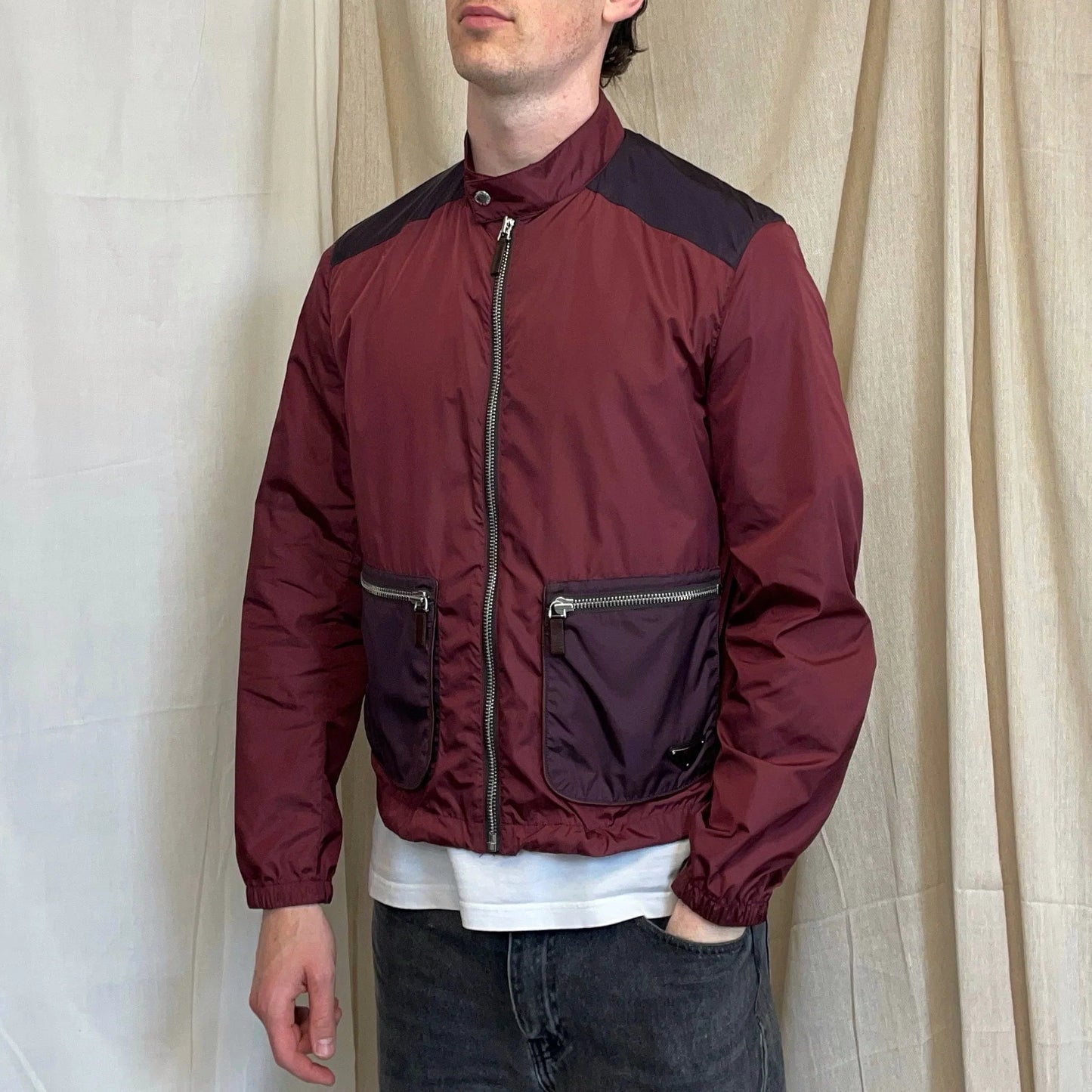 Prada Milano Mainline Burgundy 2013 Plaque Nylon Leather Trim Track Jacket