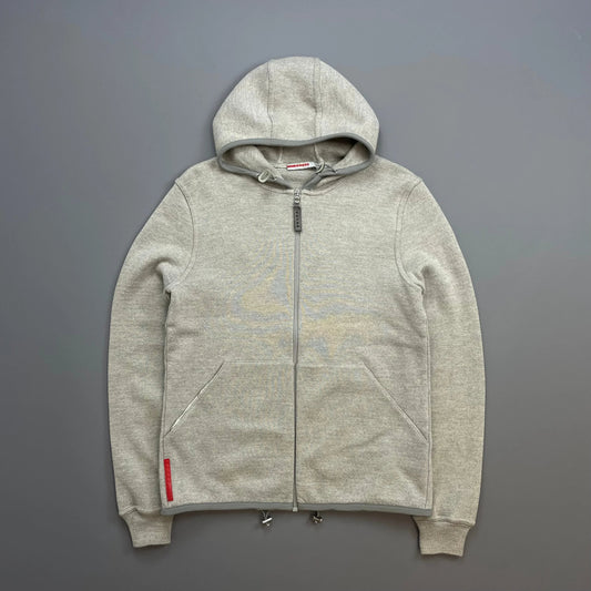 Prada Sport Grey 2006 Technical Wool Knit Spellout Zip-Through Hooded Jacket