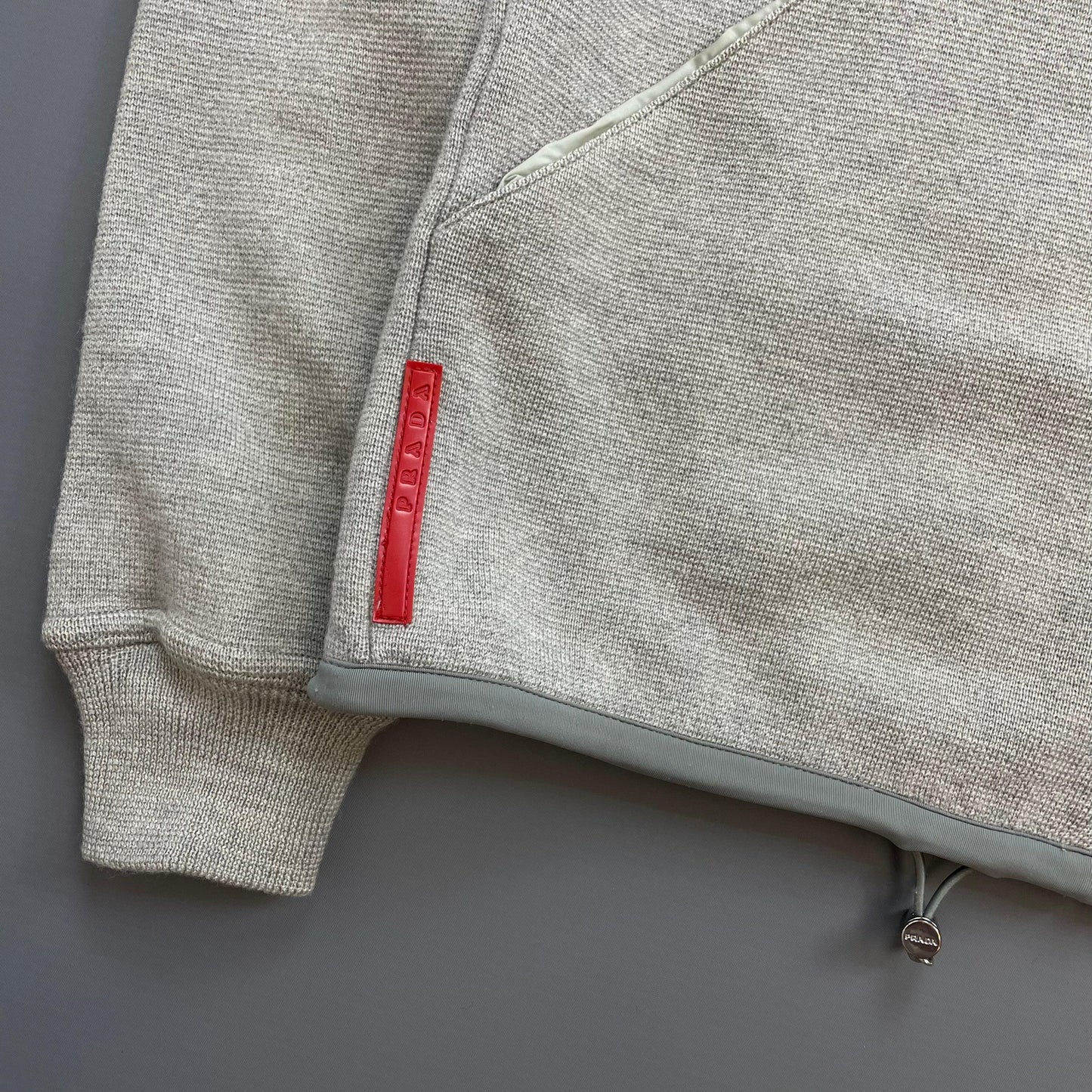 Prada Sport Grey 2006 Technical Wool Knit Spellout Zip-Through Hooded Jacket