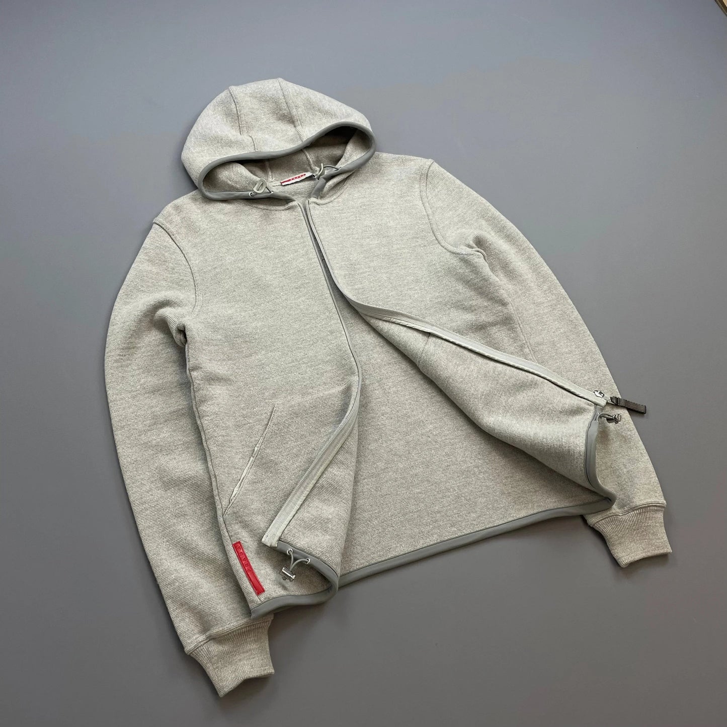 Prada Sport Grey 2006 Technical Wool Knit Spellout Zip-Through Hooded Jacket