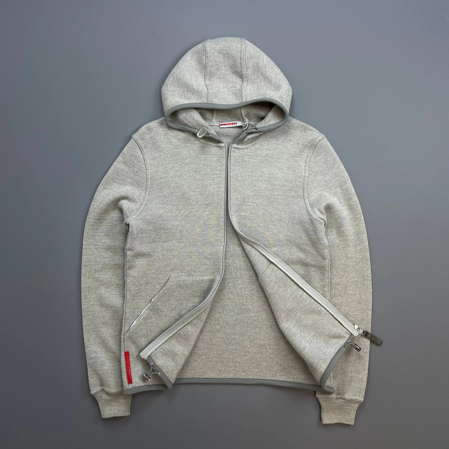 Prada Sport Grey 2006 Technical Wool Knit Spellout Zip-Through Hooded Jacket