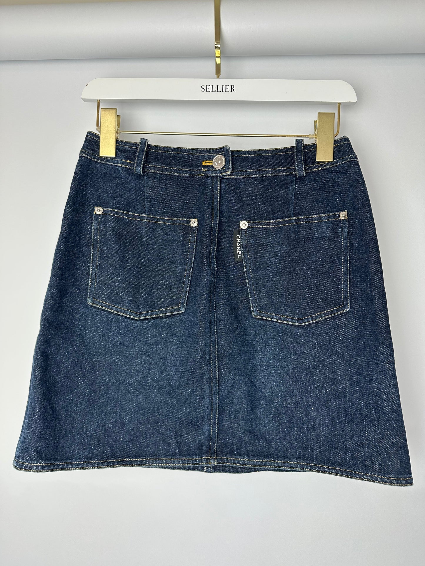 Chanel 96/P Navy Denim Mini Skirt with Patch Pocket Details Size FR 40 (UK 12)