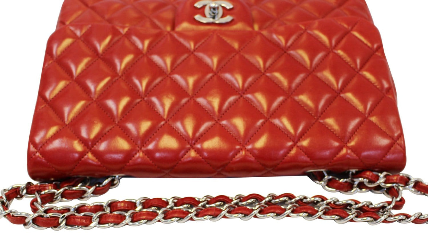 CHANEL Red Quilted  Leather Classic Jumbo Double Flap Bag
