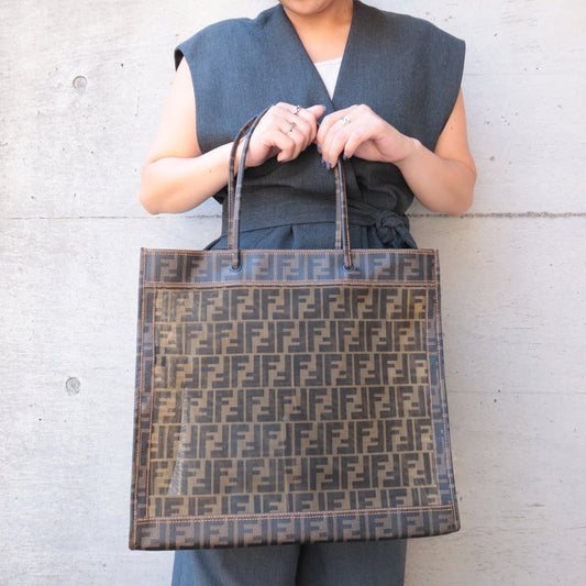 FENDI Zucca Mesh PVC Tote Bag Brown Black 8BH184
