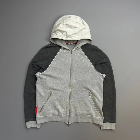 Prada Sport 00s Grey Panelled Nylon Hood Zip-Through Hoodie