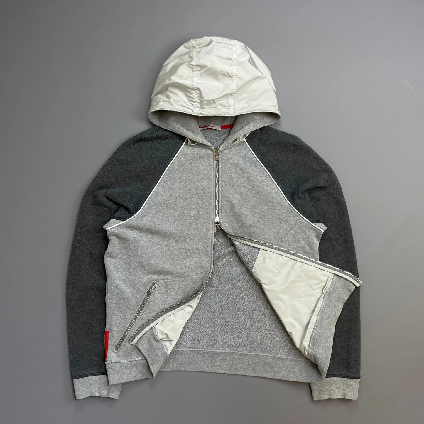 Prada Sport 00s Grey Panelled Nylon Hood Zip-Through Hoodie