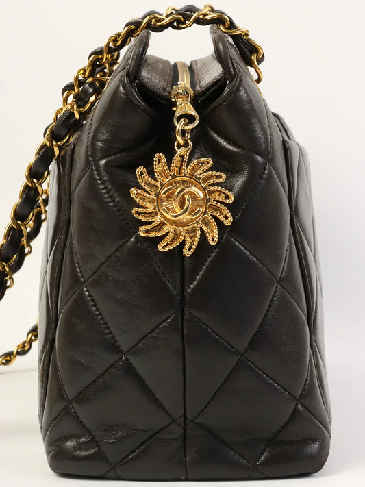 CHANEL Around 1995 Made Cc Mark Sun Motif Charm Chain Tote Bag Black