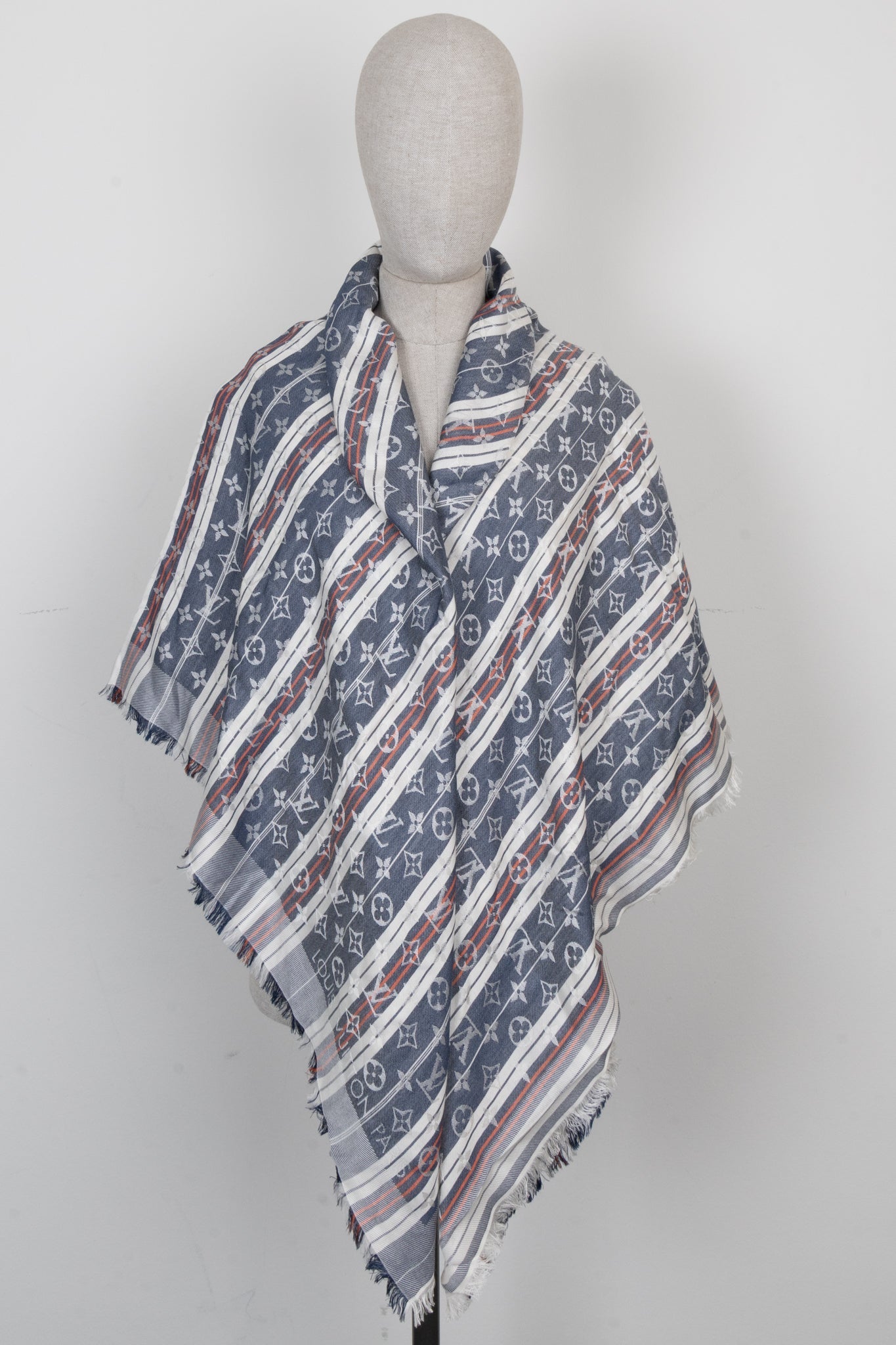 LOUIS VUITTON Fringed MNG Scarf Striped Blue Red White