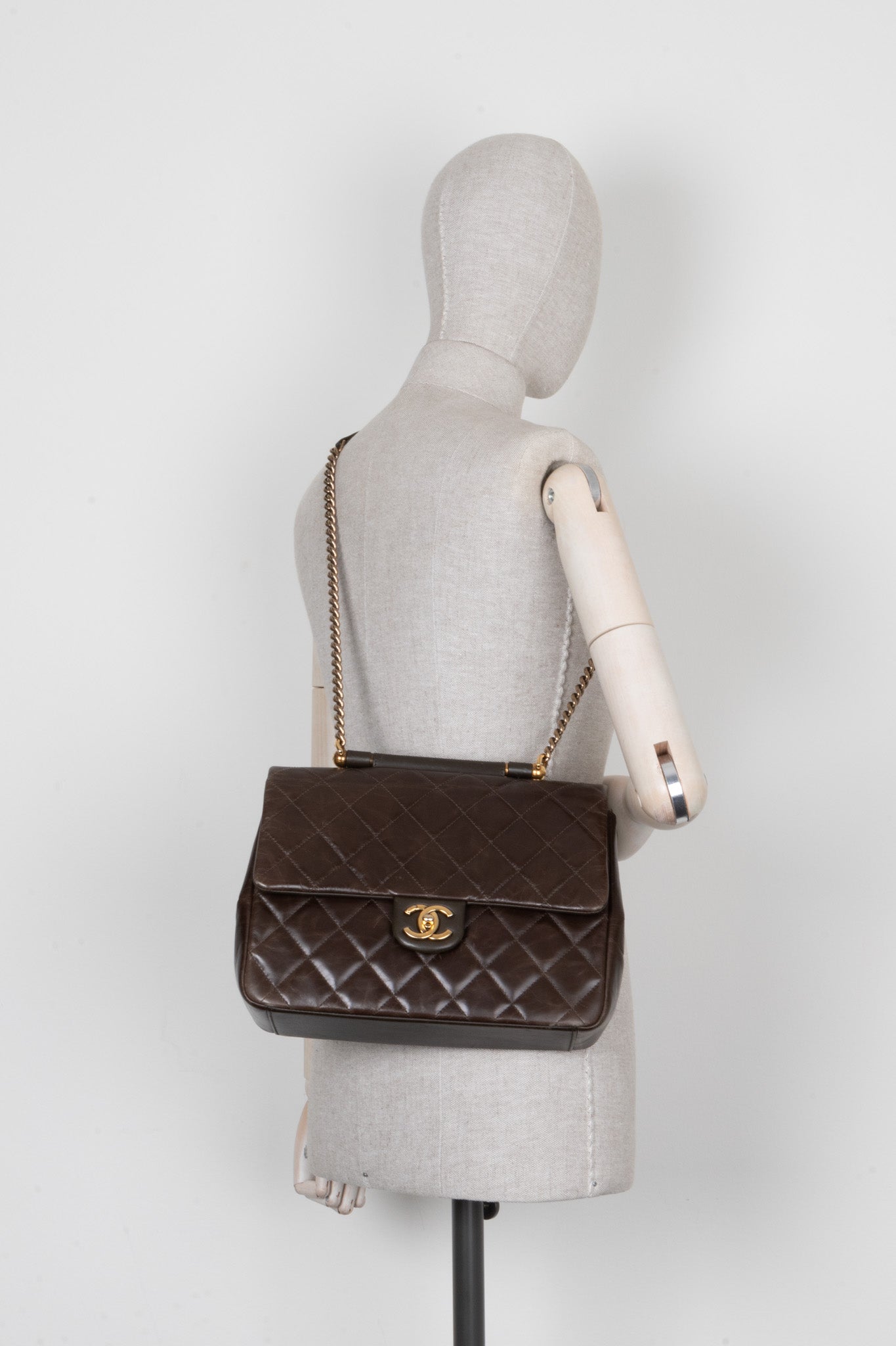 CHANEL Top Handle Single Flap Bag Khaki