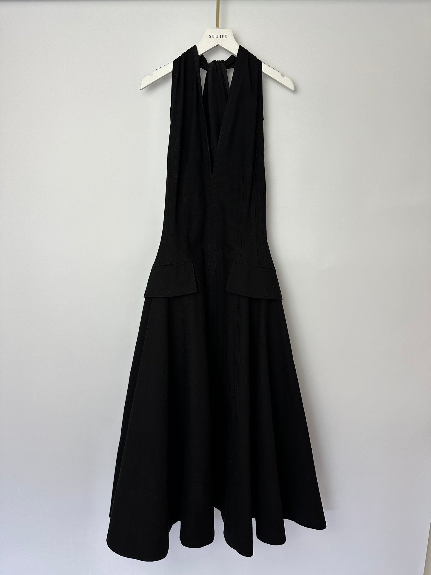 Bottega Veneta Black Sleeveless Cotton Midi Dress with Twist Back and Pocket Detail Size IT 40 (UK 8)