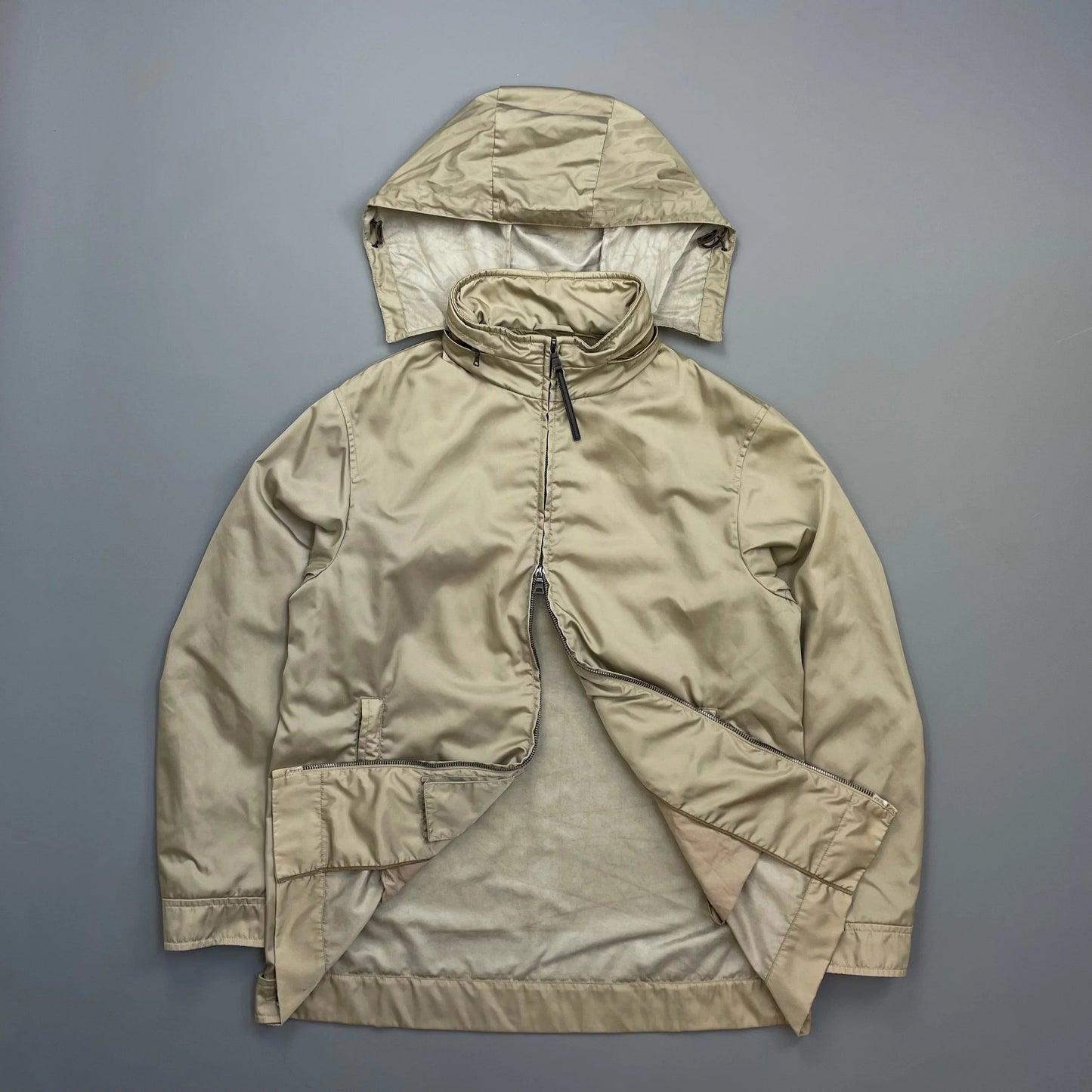 Prada Milano Beige Longline Concealed Hood Windbreaker Jacket