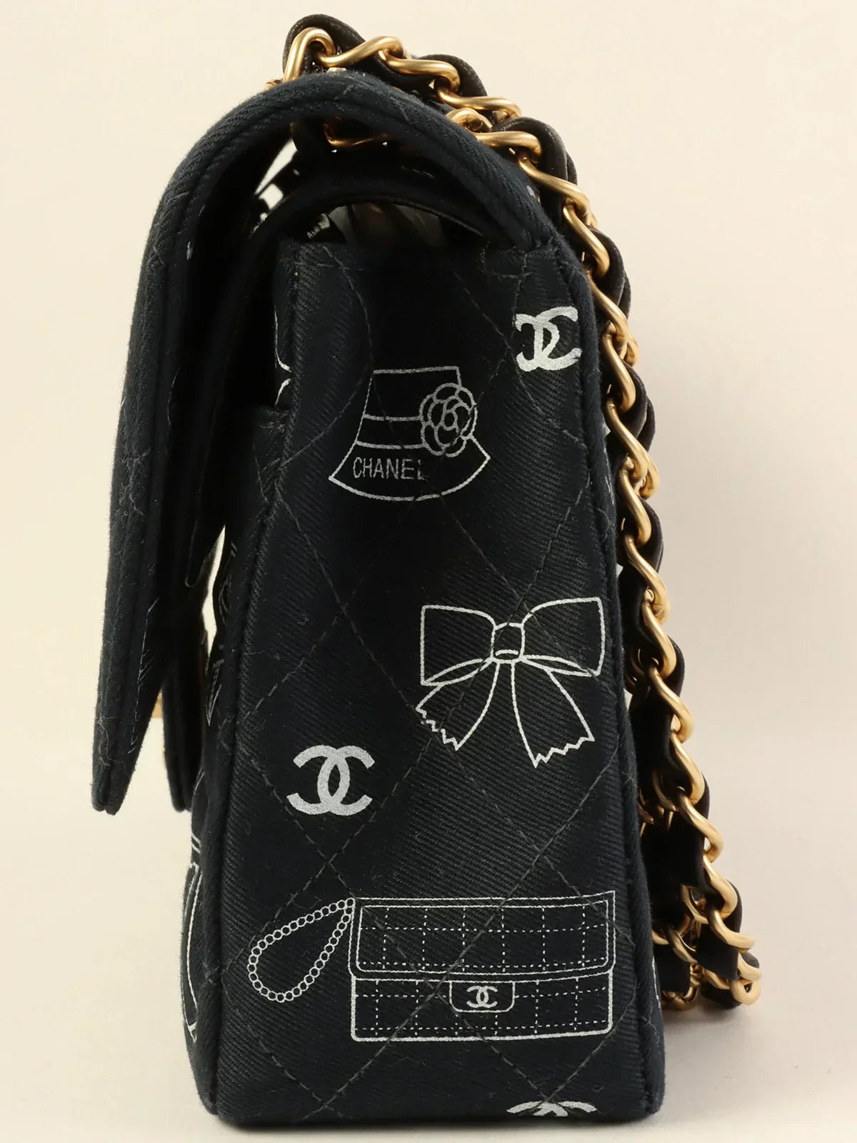 CHANEL Around 2001 Made Canvas Cc Mark Multi Print Classic Flap Chain Bag 25Cm Navy